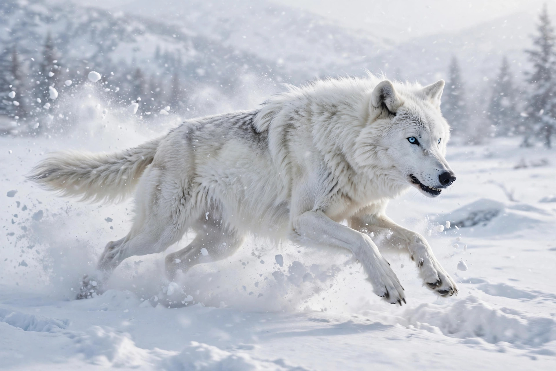 White wolf with blue eyes sprinting through snow